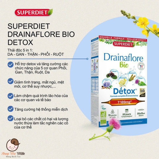 Thải độc chuyên sâu 5 trong 1 Detox Drainaflore BIO Superdiet Hữu cơ ( Chiết xuất thực vật của Pháp Hộp 14 ống)
