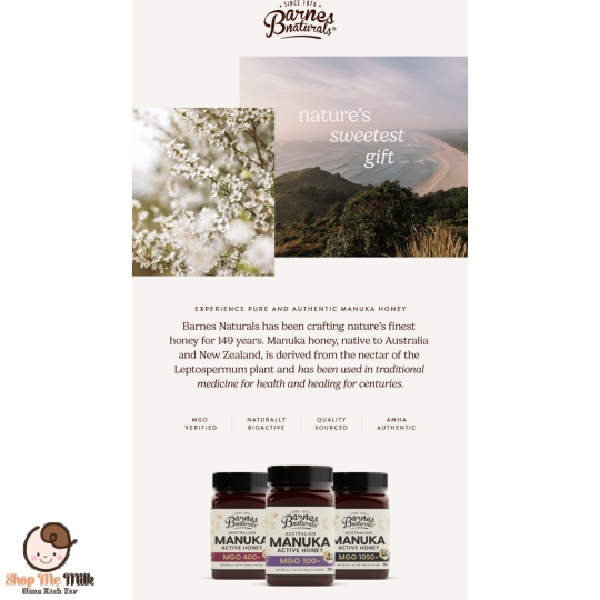 Mật Ong Barnes Naturals Australian Manuka Honey 250G Mgo 100+ nguyên chất 100% thiên nhiên